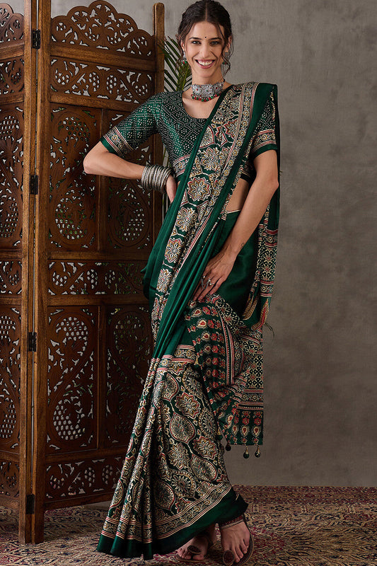 Most Luminous Dark Green Ajrakh Printed Semi Modal Silk Saree With Sonorous Blouse Piece