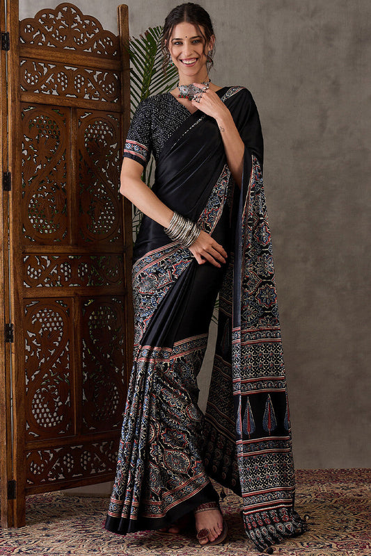 Delightful Black Ajrakh Printed Semi Modal Silk Saree With Luxuriant Blouse Piece