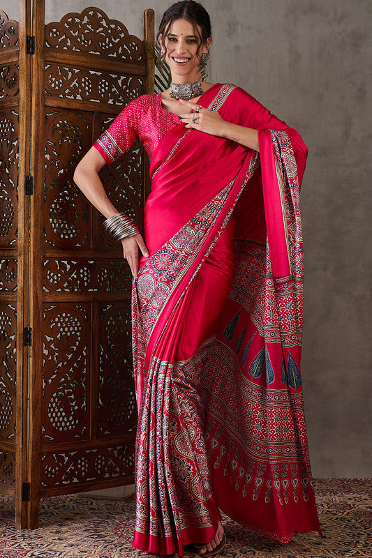 Epiphany Dark Pink Ajrakh Printed Semi Modal Silk Saree With Whimsical Blouse Piece