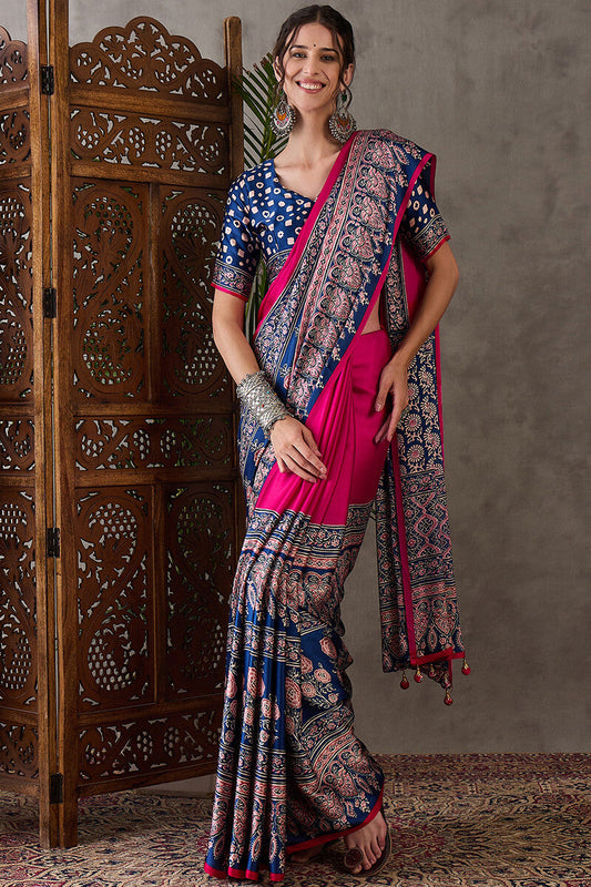 Blooming Dark Pink Ajrakh Printed Semi Modal Silk Saree With Delectable Blouse Piece