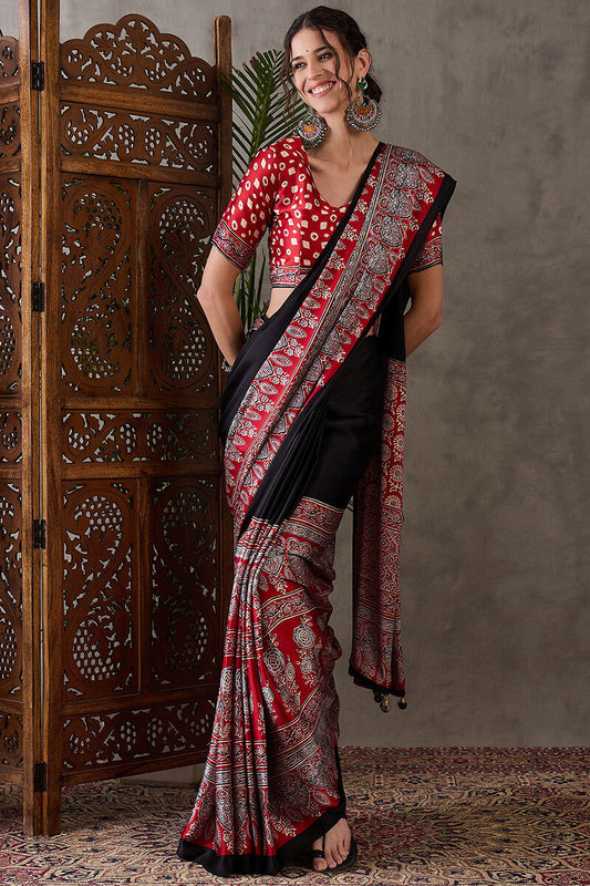 Adorable Black Ajrakh Printed Semi Modal Silk Saree With Efflorescence Blouse Piece