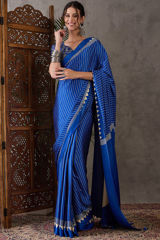 Most Sumptuous Blue Ajrakh Printed Semi Modal Silk Saree With Petrichor Blouse Piece