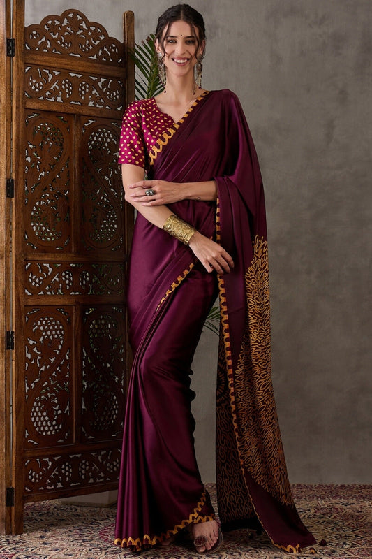 Proficient Wine Ajrakh Printed Semi Modal Silk Saree With Extraordinary Blouse Piece