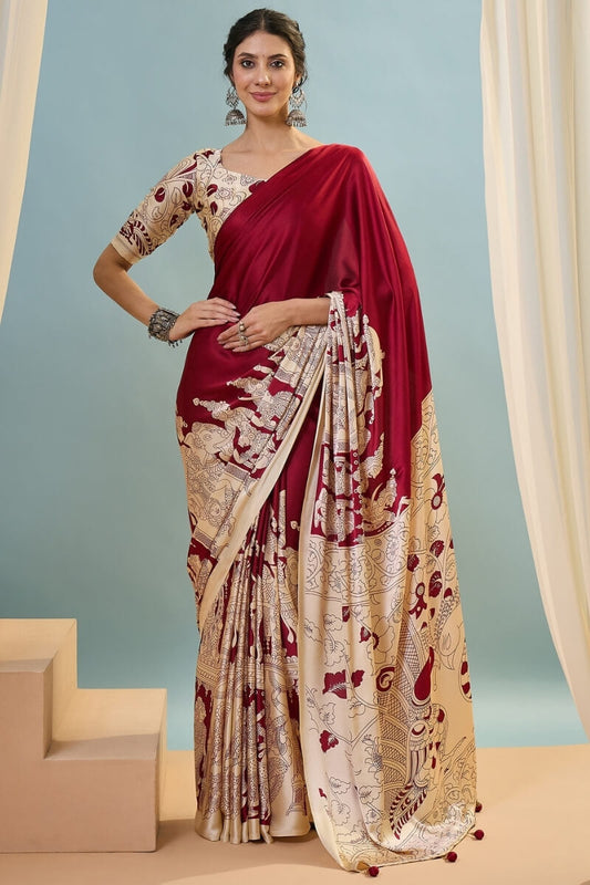 Piquant Red Ajrakh Printed Semi Modal Silk Saree With Lustrous Blouse Piece