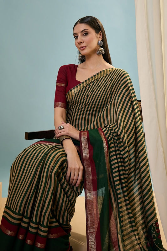 Engaging Dark Green Printed Cotton Silk Saree With Imbrication Blouse Piece