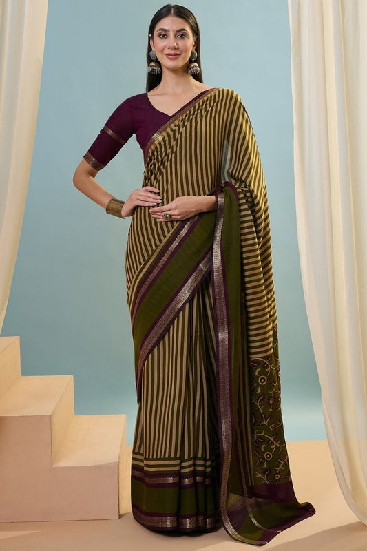 Mesmerising Green Printed Cotton Silk Saree With Flamboyant Blouse Piece