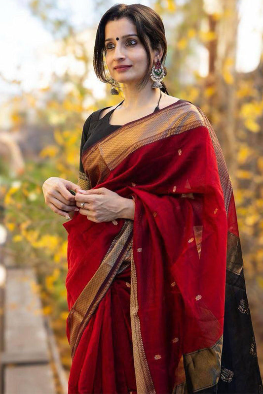 Scrumptious Red Cotton Silk Saree With Wonderful Blouse Piece