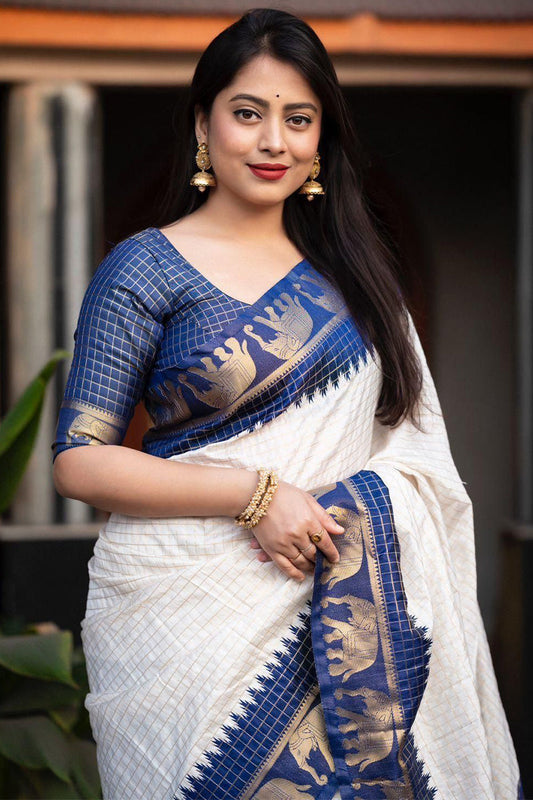 Improbable Off White Soft Silk Saree With Girlish Blouse Piece