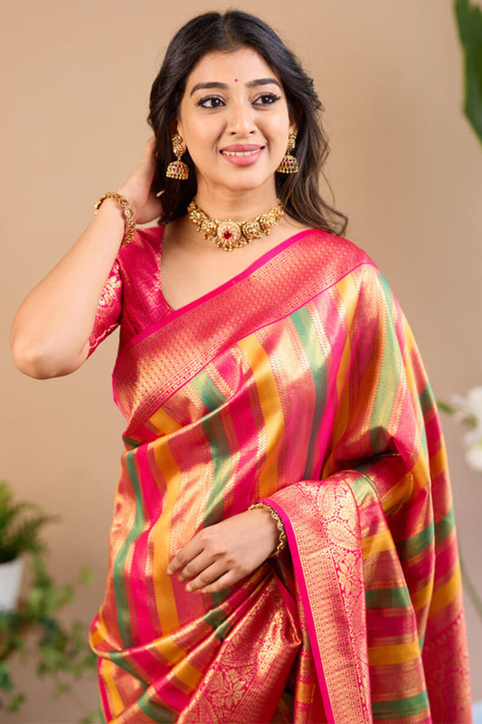 Magnetic Multicolor Soft Banarasi Silk Saree With Lissome Blouse Piece