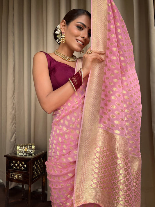 Panache Pink Soft Banarasi Silk Saree With Admirable Blouse