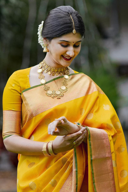 Girlish Yellow Soft Silk Saree With Mesmeric Blouse Piece