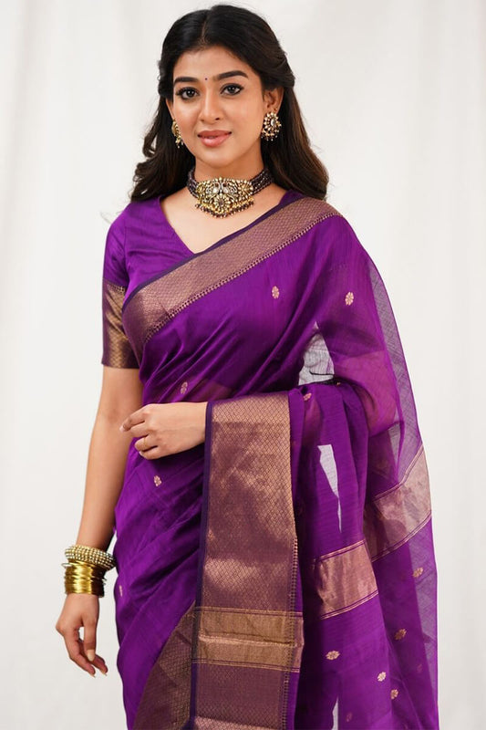 Engaging Magenta Cotton Silk Saree With Scintilla Blouse Piece