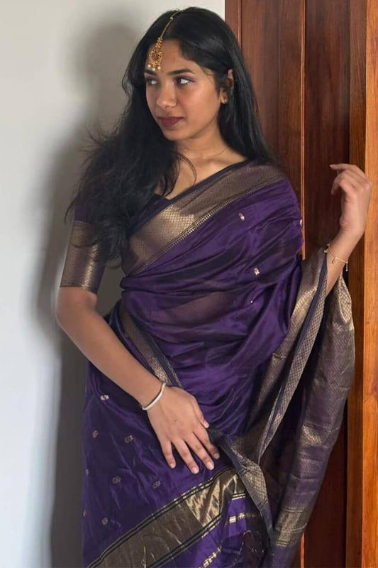 Gleaming Purple Cotton Silk Saree With Classy Blouse Piece