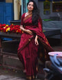 Brood Maroon Soft Silk Saree With Ethereal Blouse Piece