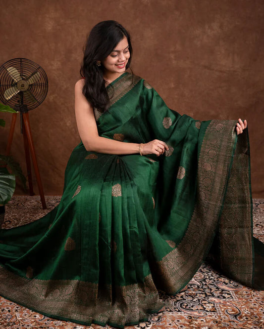 Adorning Dark Green Soft Silk Saree With Unique Blouse Piece