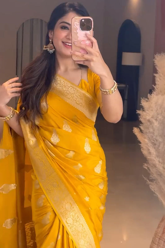 Gratifying Yellow Soft Silk Saree With Phenomenal Blouse Piece