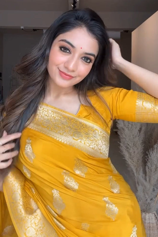 Gratifying Yellow Soft Silk Saree With Phenomenal Blouse Piece