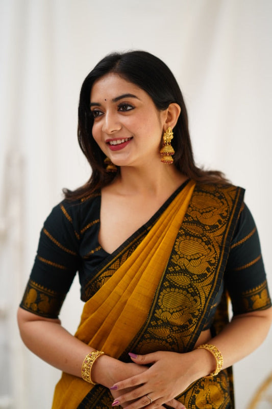 Alluring Mustard Soft Silk Saree With Ethereal Blouse Piece