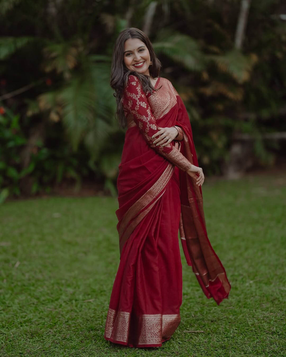 Deep Maroon Jute Silk Hand Painted  Saree with Contrast Blouse