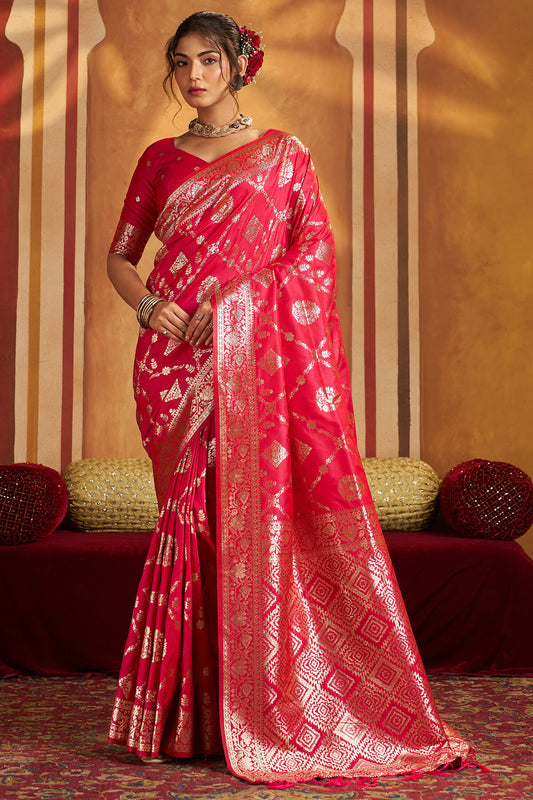 Grandiose Dark Pink Pure Banarasi Silk Saree With Blissful Blouse Piece