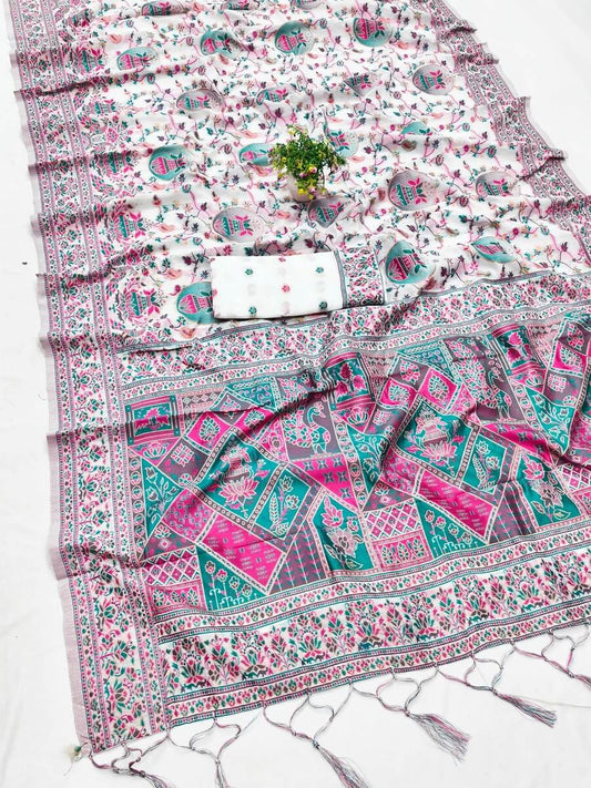 Seraphic Off White Pashmina Saree With Ratatouille Blouse Piece