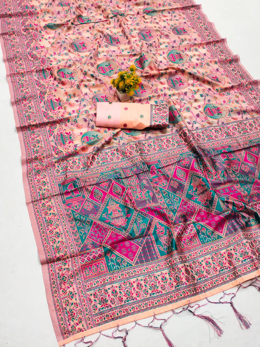 Demanding Peach Pashmina Saree With Grandiose Blouse Piece