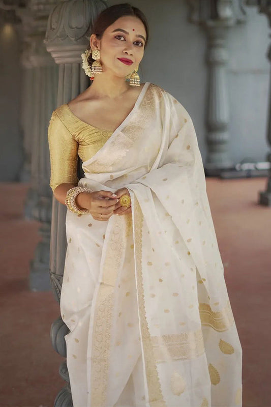 Admirable Off White Linen Silk Saree With Sumptuous Blouse Piece