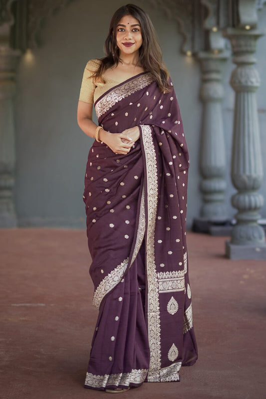 Gratifying Wine Linen Silk Saree With Ethereal Blouse Piece