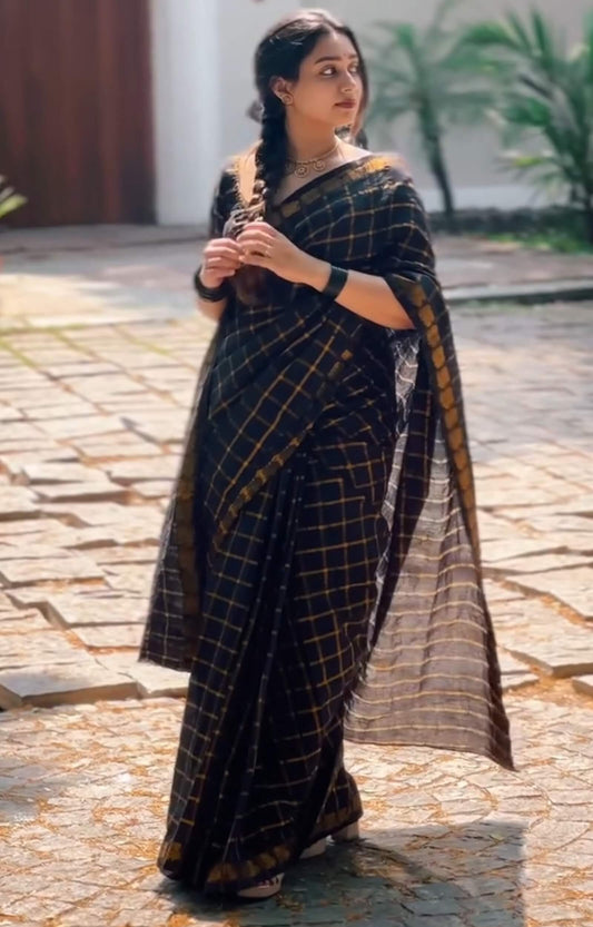 Mesmerising Black Cotton Silk Saree With Beguiling Blouse Piece