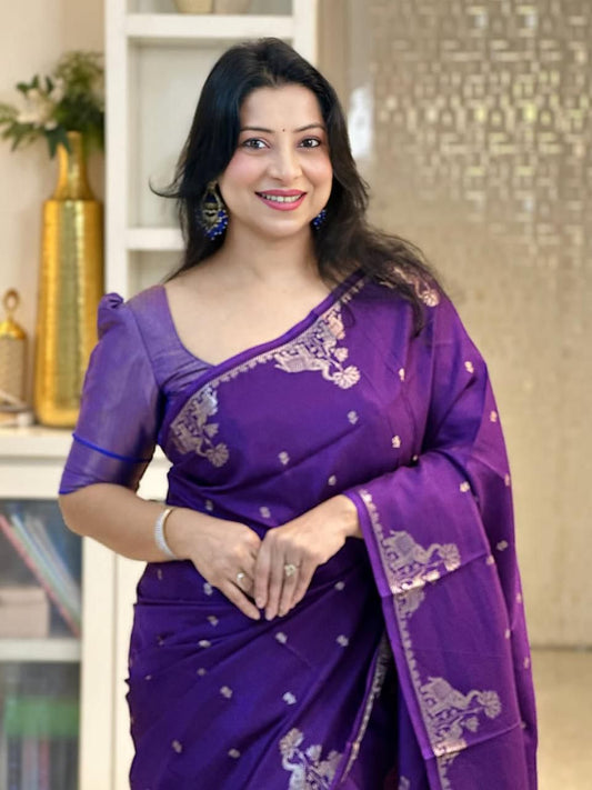 Energetic Purple Soft Silk Saree With Jazzy Blouse Piece