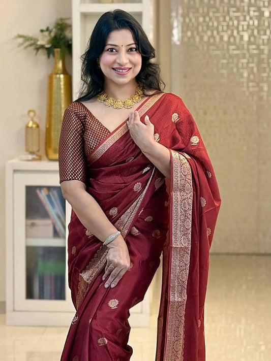 Glittering Maroon Soft Silk Saree With Panache Blouse Piece