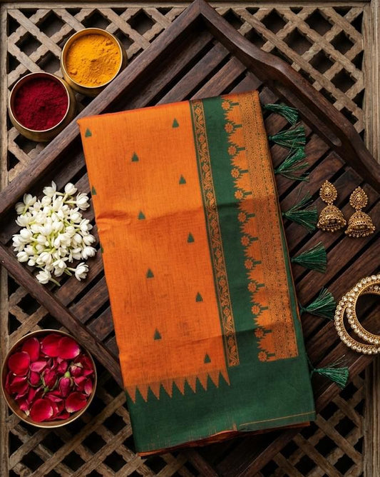 Desuetude Orange Cotton Silk Saree With Jazzy Blouse Piece