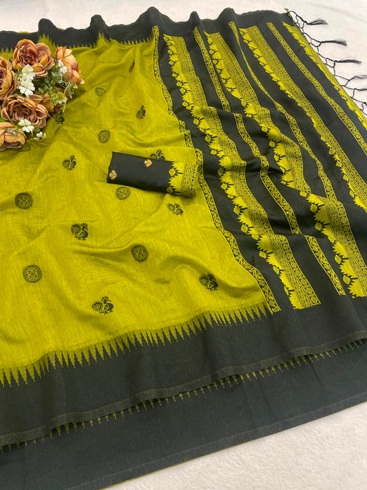 Beauteous Green Cotton Silk Saree With Woebegone Blouse Piece