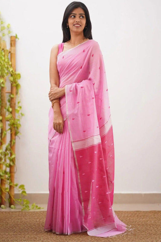 Mellifluous Pink Cotton Silk Saree With Majestic Blouse Piece
