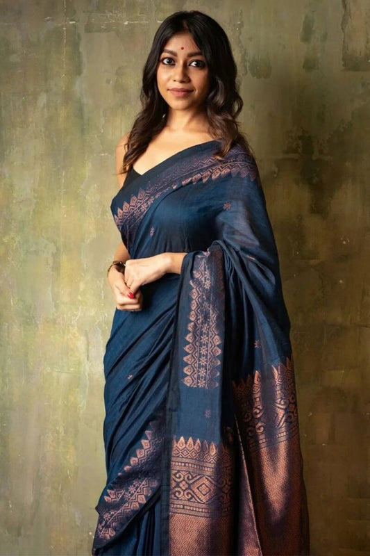 Classic Navy Blue Soft Silk Saree With Ideal Blouse Pieced