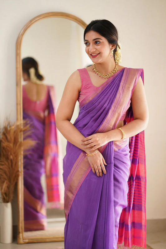 Ephemeral Lavender Cotton Silk Saree With Incomparable Blouse Piece