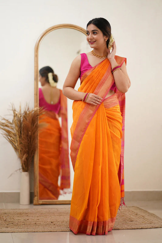 Seraphic Orange Cotton Silk Saree With Glamorous Blouse Piece