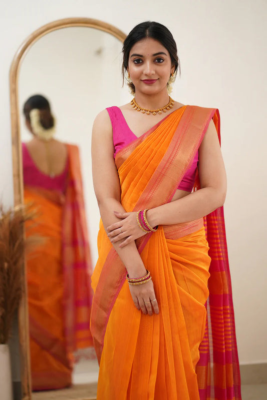 Seraphic Orange Cotton Silk Saree With Glamorous Blouse Piece