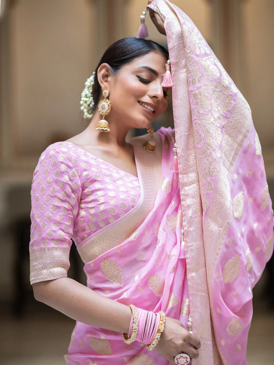 Designer Pink Soft Banarasi Silk Saree With Twirling Blouse Piece