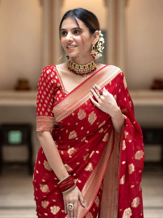 Impressive Red Soft Banarasi Silk Saree With Dalliance Blouse Piece
