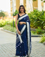 Susurrous Navy Blue Cotton Silk Saree With Rhapsodic Blouse Piece