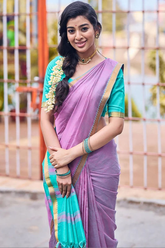 Wonderful Lavender Cotton Silk Saree With Pleasant Blouse Piece