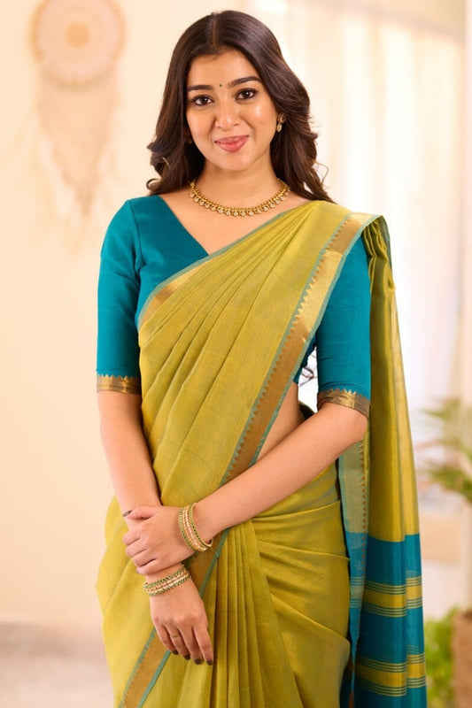 Flameboyant Mehndi Cotton Silk Saree With Adorning Blouse Piece