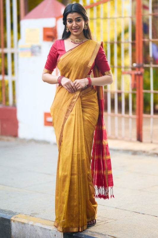 Sizzling Mustard Cotton Silk Saree With Supernal Blouse Piece