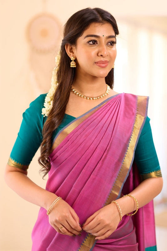 Desultory Pink Cotton Silk Saree With Glowing Blouse Piece