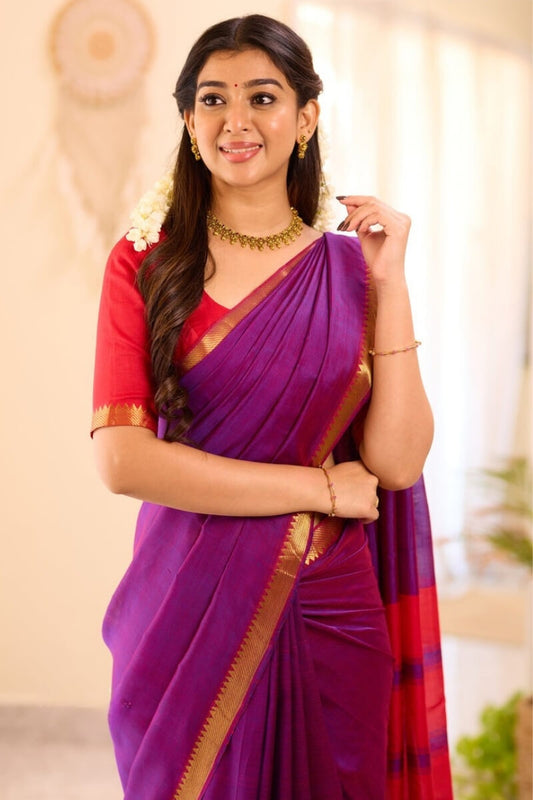 Prodigal Purple Cotton Silk Saree With Fragrant Blouse Piece