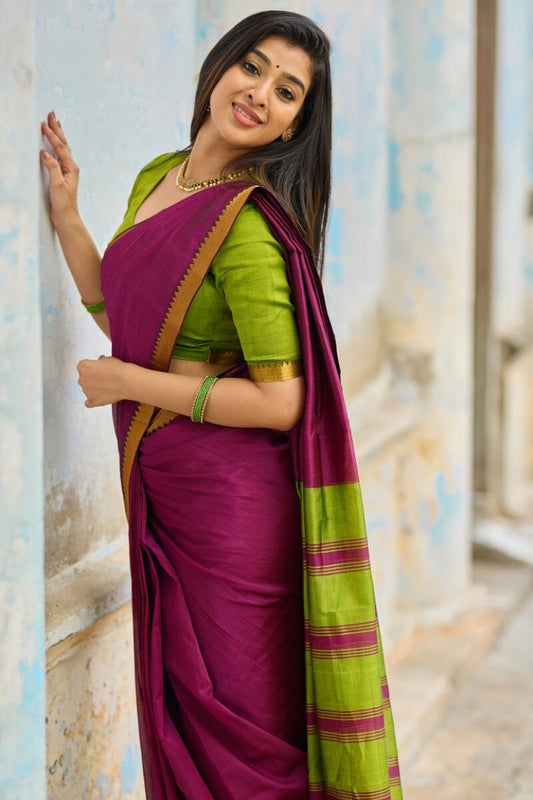 Bucolic Wine Cotton Silk Saree With Zephyr Blouse Piece