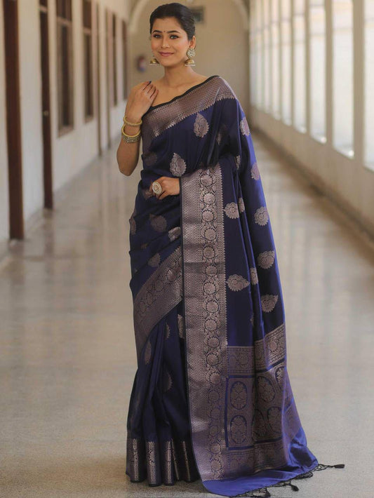 Efflorescence Navy Blue Soft Silk Saree With Panache Blouse Piece