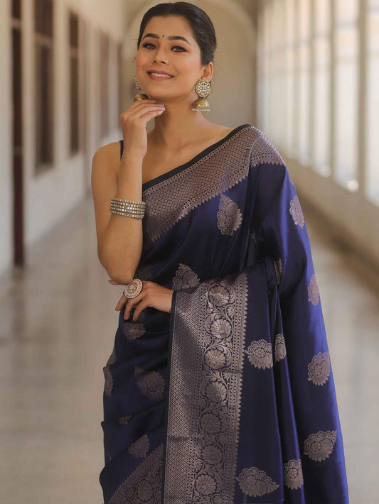Efflorescence Navy Blue Soft Silk Saree With Panache Blouse Piece