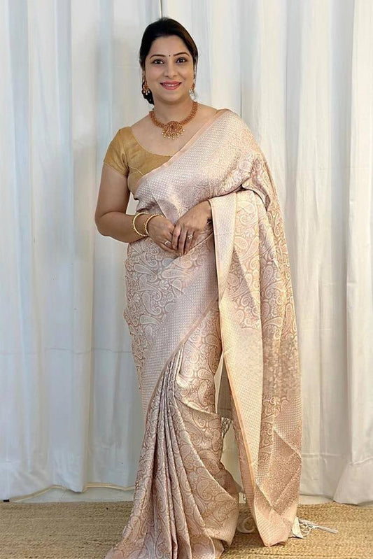 Lagniappe Beige Soft Silk Saree With Outstanding Blouse Piece